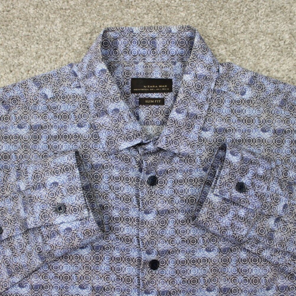 Zara Man Black Tag Shirt Men Large Blue Geometric Slim Fit Long Sleeve Button Up